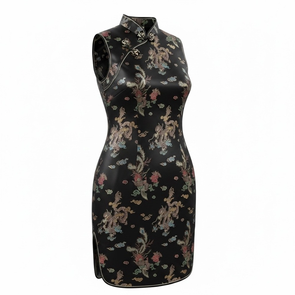 O.D.E Silk Black Dragon Phoenix Brocade Qipao Cheongsam Mini Dress Small Womens